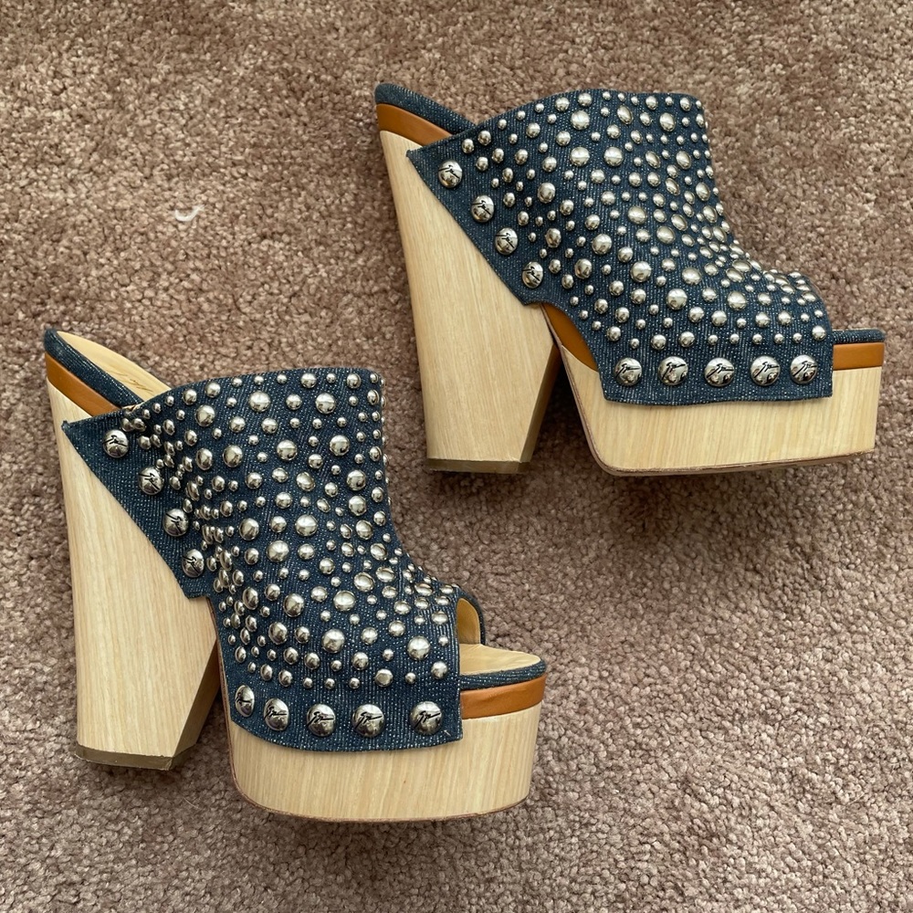 Giuseppe Zanotti studded denim wood leather wedge